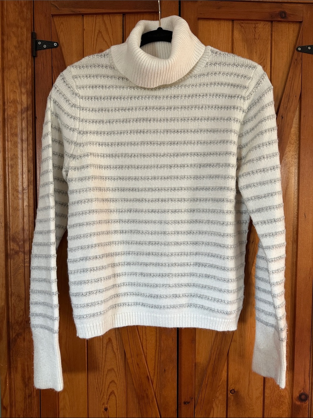 Tahari Cream and Light Gray Striped Cowl Neck Sweater